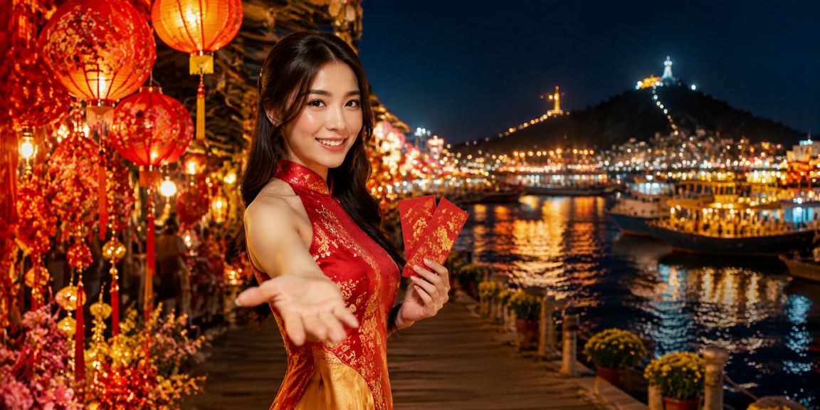 Bầu không khí chợ đêm Vũng Tàu với phong bì đỏ và bảng thưởng khuyến mãi rực rỡ